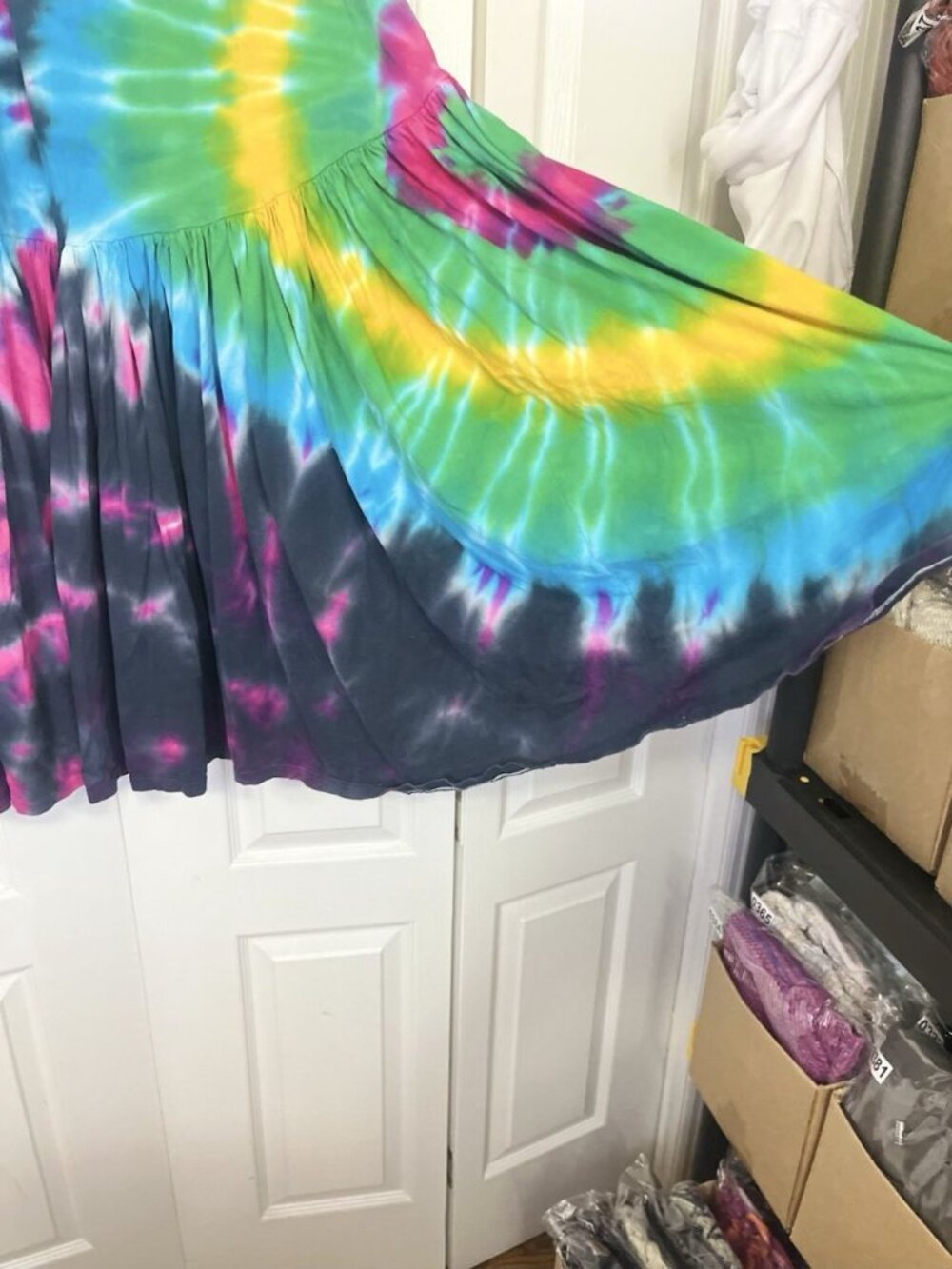 Boho Tie Dye Wide Leg Pants OS Ruffle Tiered Cotton Flare Stretch Drawstring - Picture 5 of 7
